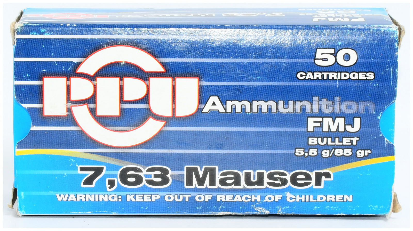 PPU 7.63 Mauser FMJ Ammunition, 50 Rounds: A modern commercial box of PPU 7.63 Mauser FMJ Ammunition, containing 50 rounds. The blue and white cardboard packaging prominently displays the "PPU" logo, "50 CARTRIDGES," "Ammunition," and specifie