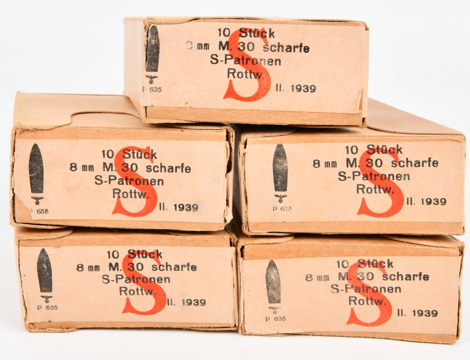 A Group of WWII German Waffenamt Marked 8x56r M.30 Ammunition Boxes: A group of five WWII German Waffenamt marked 8x56r M.30 ammunition boxes, accompanied by a pair of loaded enbloc magazines. Each vintage German military-issue cardboard box is labeled "10 St?ck 8 mm M