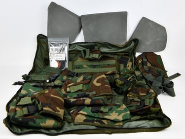 SPEAR ELCS Load Bearing Vest, Woodland Camouflage, with Ballistic Inserts, Streamlight Flashlight,