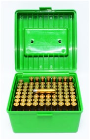71 Count Empty .348 Win Brass Casings with 9 Loaded Rounds & Plastic Ammo Case
