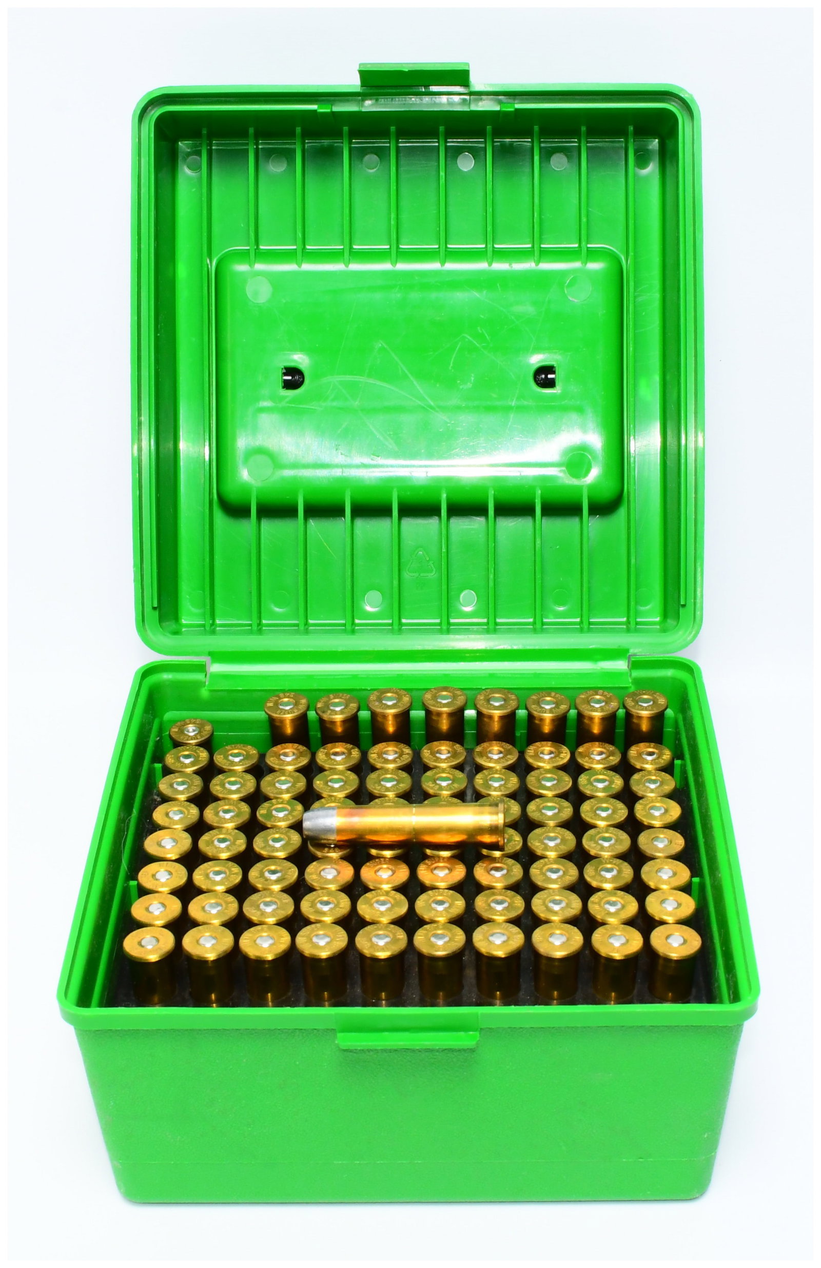 71 Count Empty .348 Win Brass Casings with 9 Loaded Rounds & Plastic Ammo Case: This lot comprises 71 count of .348 Winchester components, consisting of empty brass casings and nine loaded rounds, presented within a vibrant green plastic ammunition storage box. The cartridges fea