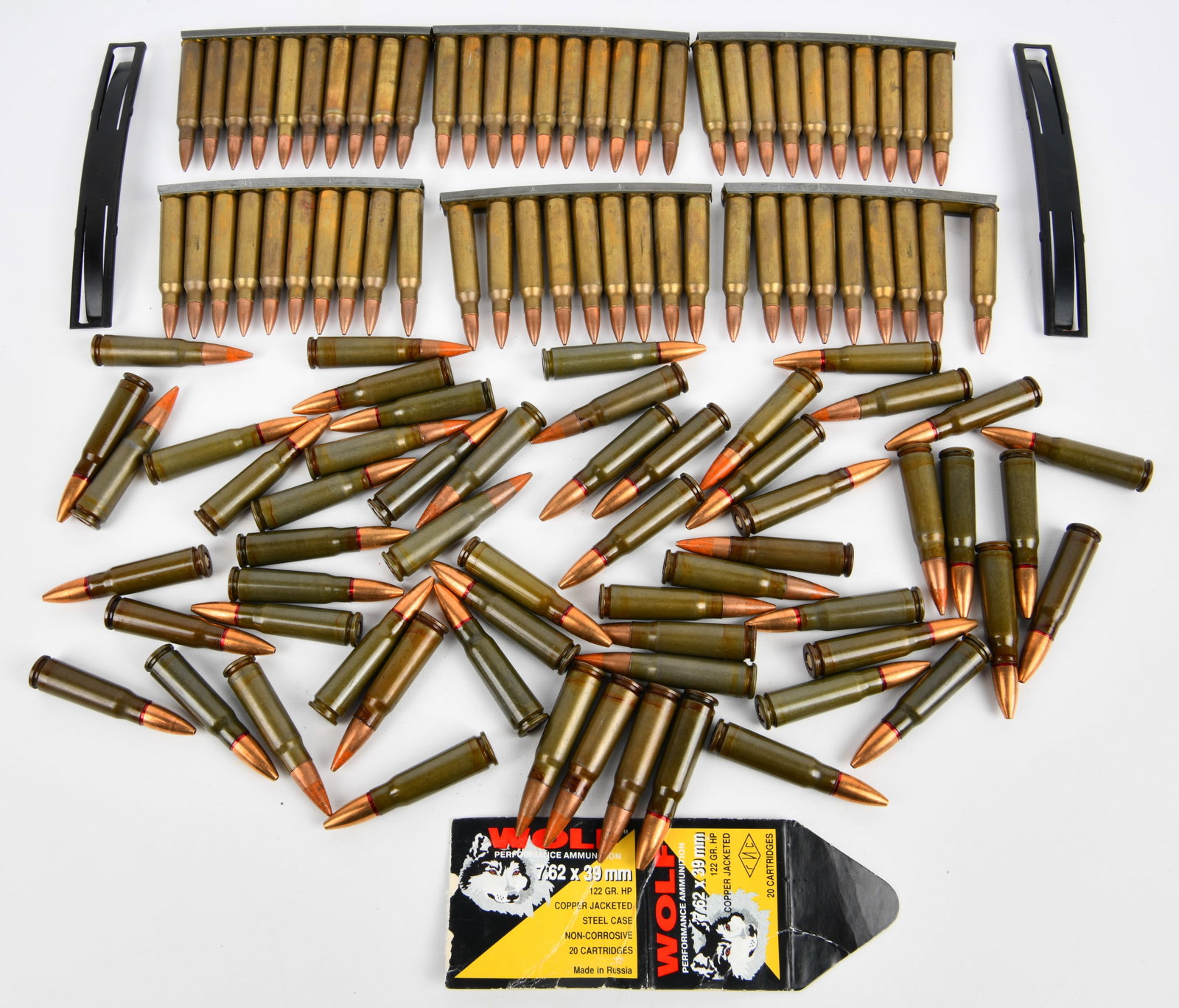 A Collection of Approximately 200 Rounds of Wolf Performance Ammunition 7.62 x 39 mm 122 GR. HP: A collection of Wolf Performance Ammunition 7.62 x 39 mm 122 GR. HP rifle cartridges. This lot comprises approximately 140 loose cartridges and 60 cartridges loaded into six ten-round stripper clips, 
