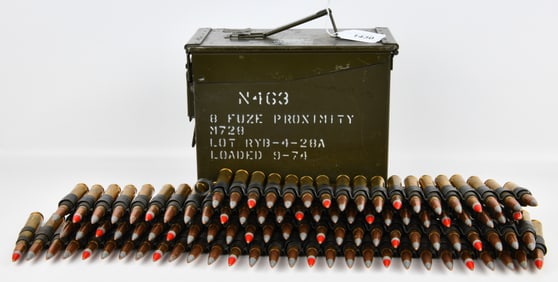 An N463 Tall 50 Caliber Ammo Can for M728 Proximity Fuze with a Group of Linked Ammunition