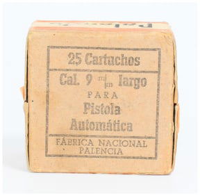 25 Rounds of Fabrica Nacional Palencia 9mm Largo Ammunition in Original Box, Dated 1938