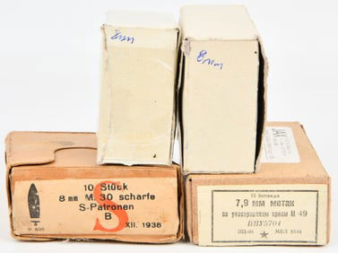 A Collection of Vintage 8mm Rifle Ammunition, including 1938 German 8x56r M.30 Scharfe S-Patronen