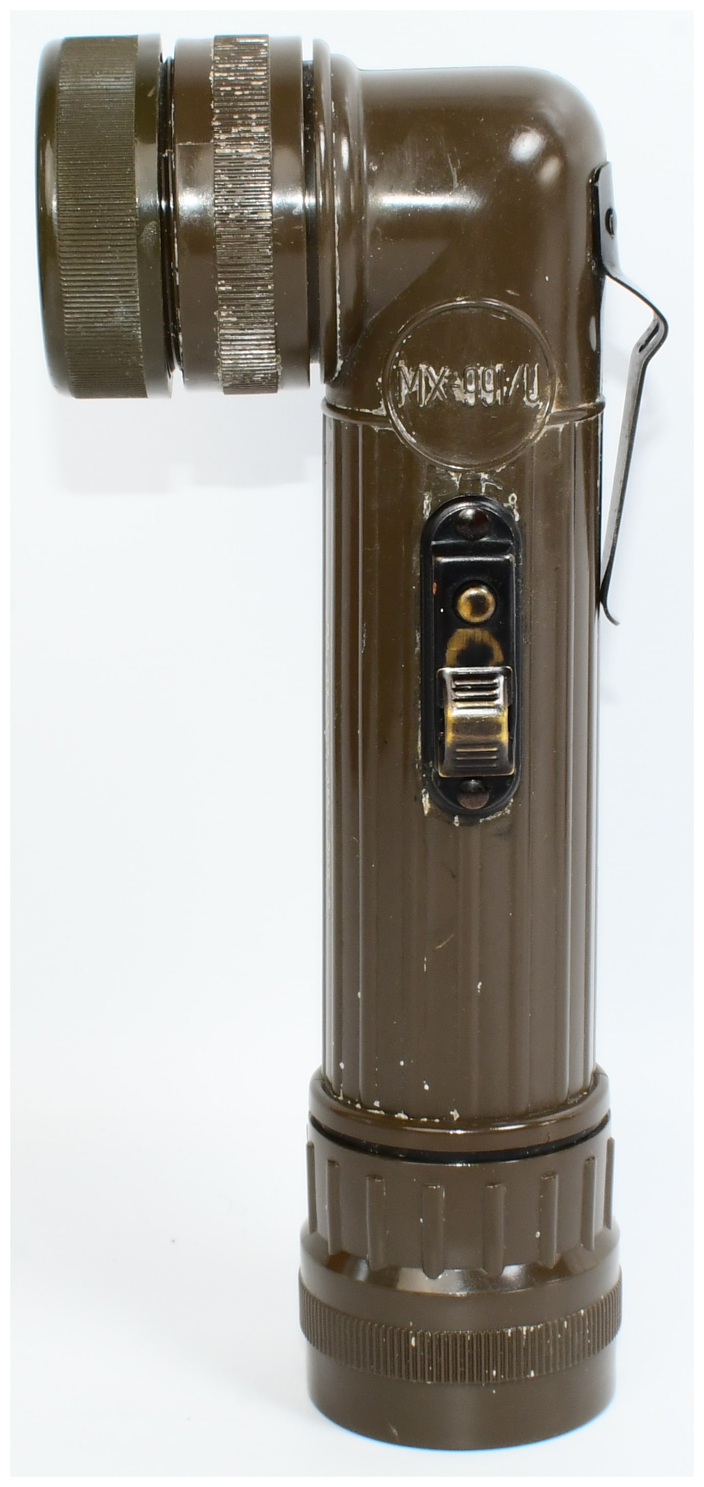 Bright Star MX-99/U Angle Head Military Flashlight (MX-991/U / TL122D Type): A Bright Star MX-99/U Angle Head Military Flashlight, consistent with models often identified as MX-991/U or TL122D. This L-shaped flashlight is finished in olive drab and constructed from a molded pl