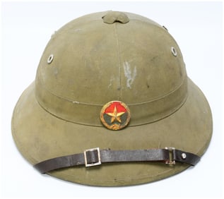 Original Vietnam War North Vietnamese Army (NVA) Pith Helmet with Insignia and Interior Label