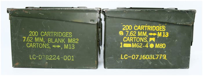 A Pair of US Army Military M19A1 7.62mm 200 Cartridge Ammo Cans