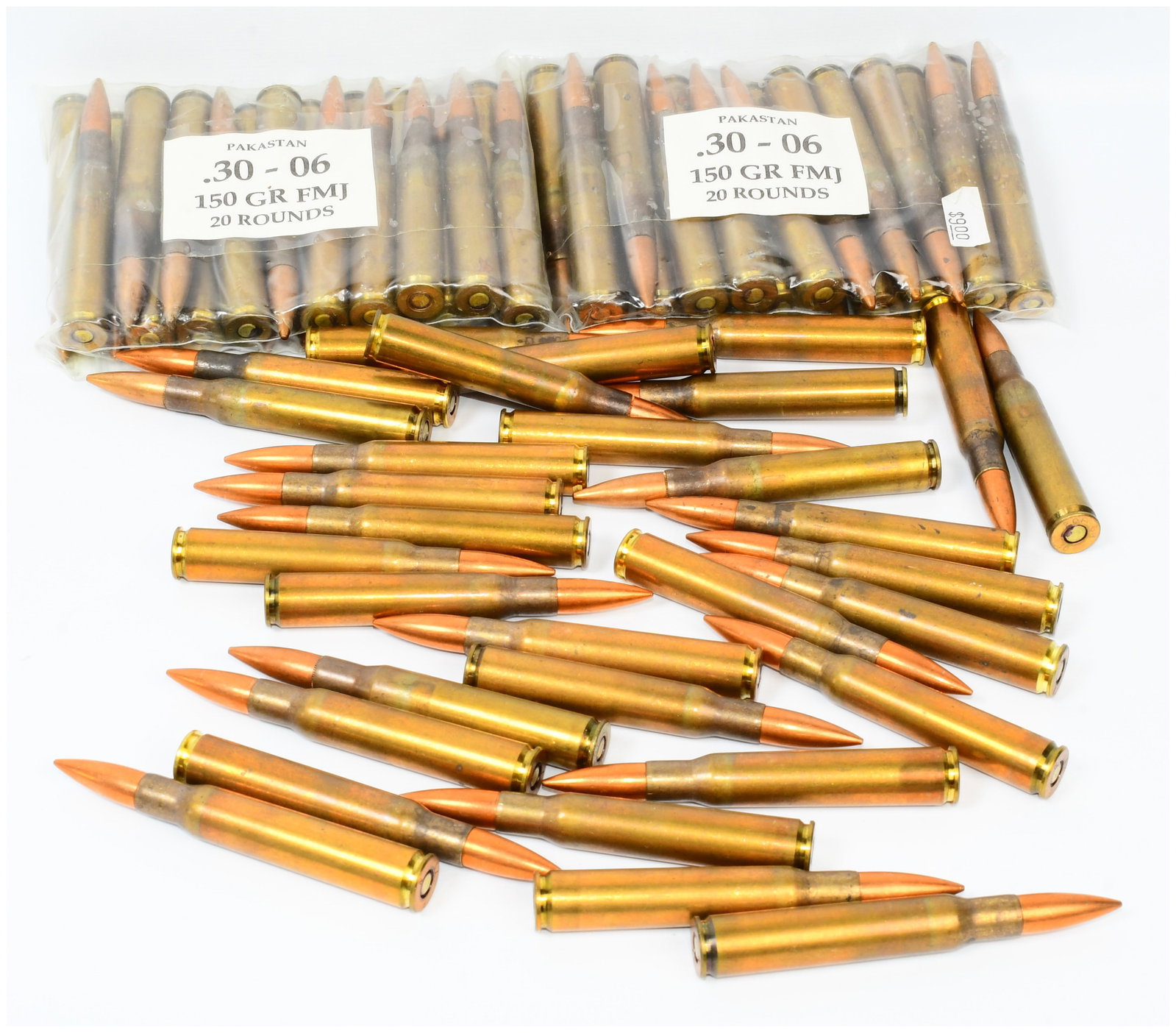71 Rounds of .30-06 150 Grain Full Metal Jacket Ammunition, Pakistan: This lot comprises 71 rifle ammunition cartridges, featuring brass casings and copper-jacketed projectiles. Two sealed clear plastic packages, each containing 20 rounds, are present. These packages ar