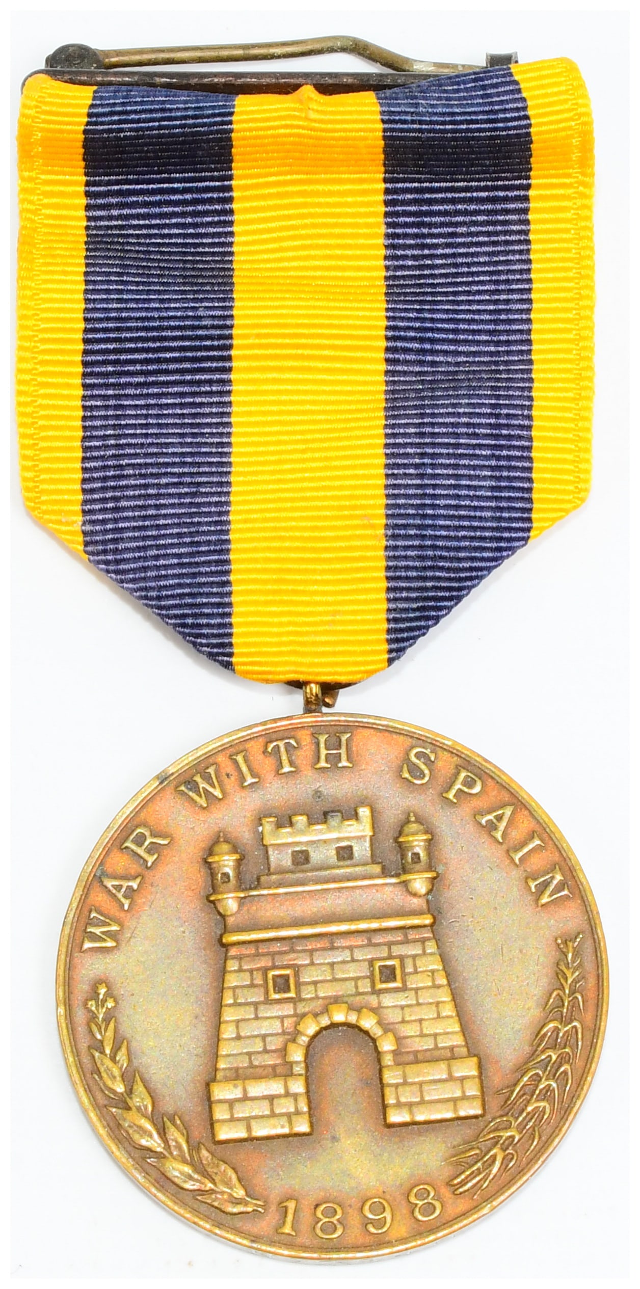 United States Army Spanish Campaign Medal, 1898: A United States Army Spanish Campaign Medal, dated 1898. This bronze-toned metal medal is suspended from a vertically striped fabric ribbon in yellow and dark blue, attached to a metal suspension bar 