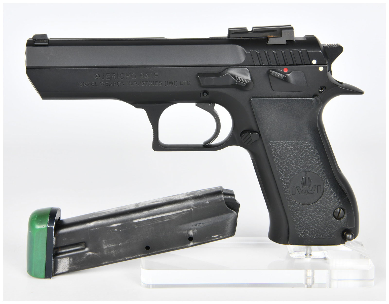 IWI Jericho 941F 9x19mm Semi-Automatic Pistol: An IWI Jericho 941F 9x19mm semi-automatic pistol, manufactured by Israel Weapon Industries (IWI) LTD, bearing the serial number 44353865. The pistol features a uniform matte black Cerakote finish, whi