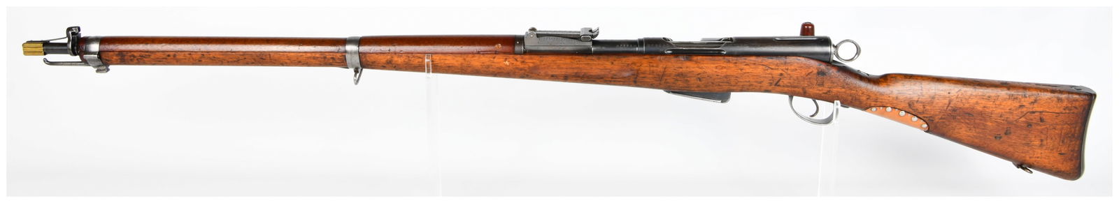 Schmidt-Rubin M1896/11 Straight-Pull Bolt Action Military Rifle: A Schmidt-Rubin M1896/11 straight-pull bolt action military rifle, dating to the late 19th or early 20th century. The rifle is constructed with a reddish-brown wooden stock and blued steel components.