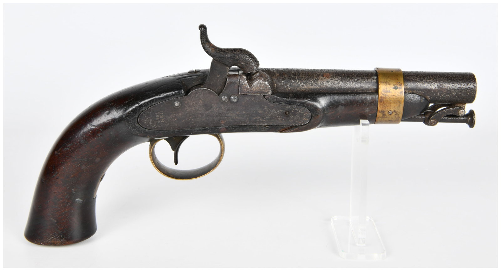 U.S. Navy Contract Ames Model 1842 Box Lock Percussion Pistol, Dated 1844: An antique U.S. Navy Contract Ames Model 1842 Box Lock Percussion Pistol. This firearm comprises a dark wooden stock, iron/steel barrel, lock plate, and hammer, complemented by brass furniture includi