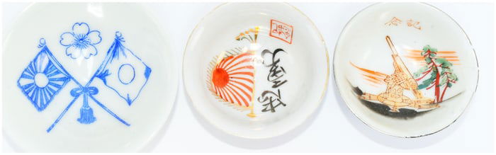Three Japanese Military Commemorative Porcelain Sake Cups, Early to Mid-20th Century