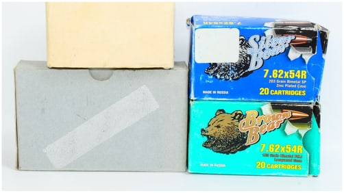 A Collection of 59 Rounds of 7.62x54R Rifle Ammunition, including Silver Bear and Brown Bear