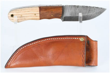 Contemporary Custom Fixed-Blade Knife with Pattern-Welded Steel Blade and Leather Sheath