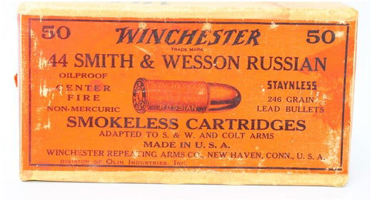 Vintage Win .44 Smith & Wesson Russian Smokeless Center Fire Ammo 50 Rounds
