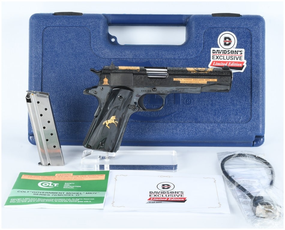 Colt Government Model 'Potro Oro' Davidson's Exclusive Limited Edition .38 Super Pistol No. 1 of 500: A Colt Government Model 'Potro Oro' Davidson's Exclusive Limited Edition semi-automatic pistol, chambered in .38 Super. This MKIV Series 70 firearm, identified as number 1 of 500, features a deep blue