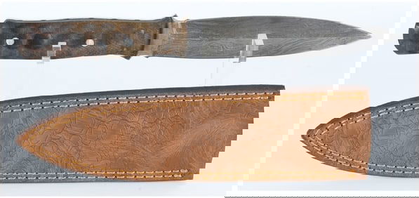 Damascus Steel Fixed-Blade Knife with Leather Sheath