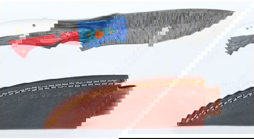 Modern Handmade Damascus Steel Fixed-Blade Hunting Knife with Laminated Wood Handle and Leather