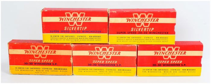 5 Boxes Vintage Win Super Speed 30-30 Ammo 100 Rounds (Silvertip & Soft Point)