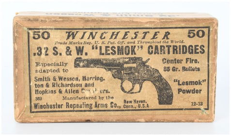 Box of Fifty Win .32 S. & W. "Lesmok" Ammo "Picture Box" Style