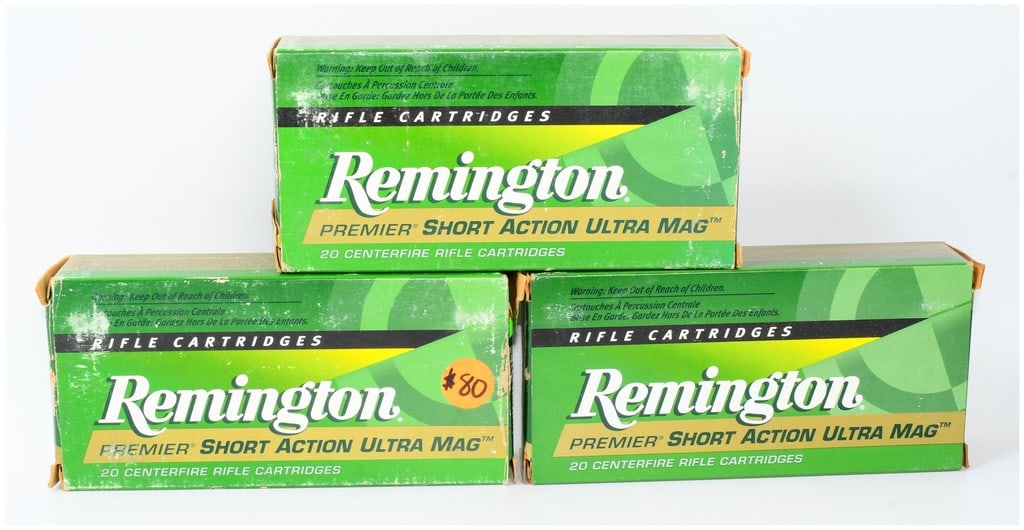 60 Rounds Rem Premier Short Action Ultra Mag .300 Rem S.A. Ultra Mag 165 GR Core-Lokt PSP Rifle Ammo: A collection of 60 rounds of Remington Premier Short Action Ultra Mag .300 Remington S.A. Ultra Mag 165 GR Core-Lokt PSP centerfire rifle cartridges. This lot comprises three Remington-branded cardboa