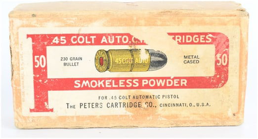 Vintage Peters Ammo Co. .45 Colt Auto Ammo Box with 50 Ammo