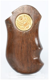 Single Sculpted Dark Brown Hardwood Firearm Grip with Great Seal of the United States Medallion