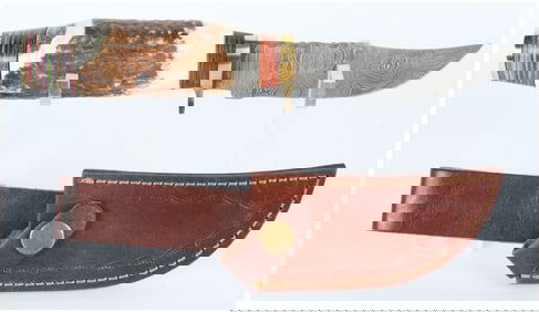 Handmade Damascus Steel Fixed-Blade Hunting Knife with Leather Sheath