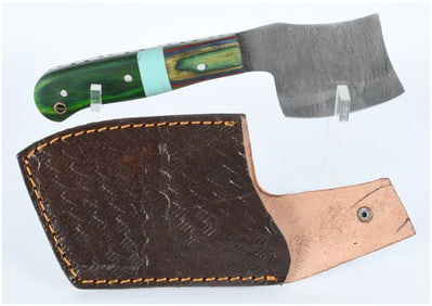 Contemporary Damascus Steel Cleaver-Style Knife with Multi-Colored Composite Handle and Leather