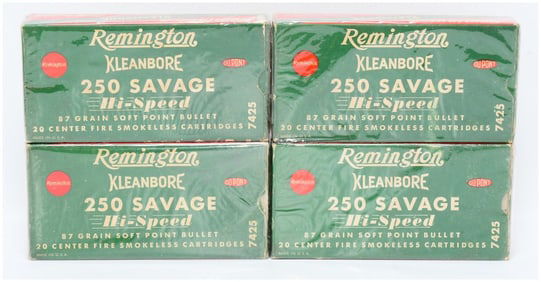 4 Factory-Sealed Boxes of Rem Kleanbore .250 Savage Hi-Speed 87 Grain Soft Point Ammo 80 Rounds