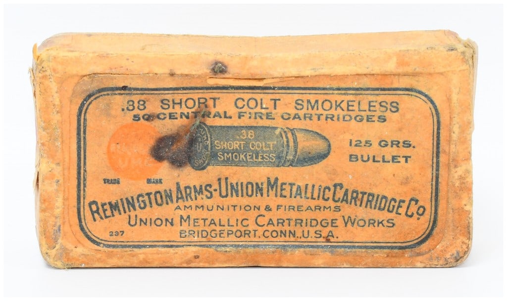 Vintage Rem Arms-Union Metallic Ammo Co. .38 Short Colt Smokeless Ammo 37 Rounds: A vintage box of Remington Arms-Union Metallic Cartridge Co. .38 Short Colt Smokeless central fire metallic cartridges, containing 37 rounds. The printed paper label on the box's top and sides identif