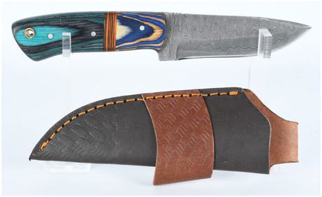 Modern Viking-Style Fixed-Blade Knife with Damascus Steel Blade and Layered Wood Handle