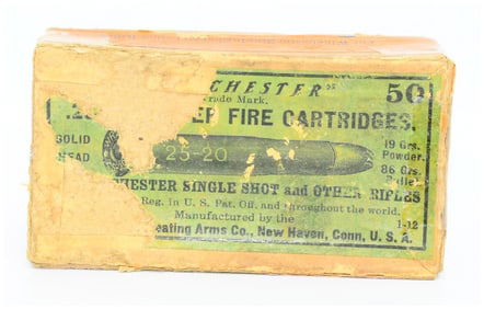 Vintage Win Repeating Arms Co. 25-20 Center Fire EMPTY PRIMED CASINGS Box of 50 Ammo