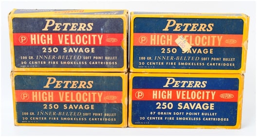 Four Vintage Peters High Velocity 250 Savage Ammo Boxes 80 Rounds