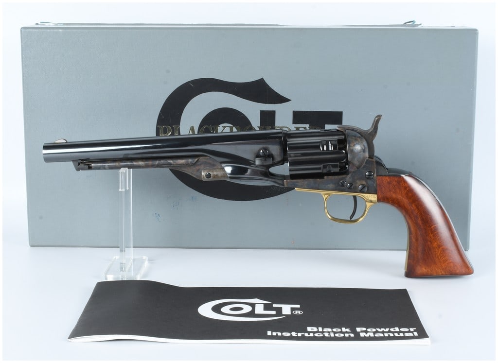 Colt Signature Series 1860 Army .44 Cal Black Powder Percussion Revolver: A Colt Signature Series 1860 Army .44 caliber black powder percussion revolver. This firearm features a blued steel barrel and six-shot cylinder, a case-hardened steel frame with vibrant mottled color