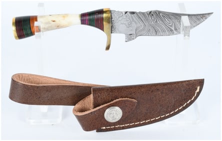 Damascus Fixed-Blade Hunter Knife with Bone Handle and Texas Sheath