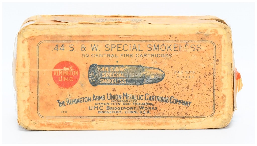 Box of 50 Vintage Rem UMC .44 S & W Special Smokeless Ammo: A vintage cardboard box containing fifty .44 S & W SPECIAL SMOKELESS central fire cartridges, manufactured by The Remington Arms Union Metallic Cartridge Company (UMC) of Bridgeport, Conn., U.S.A. The