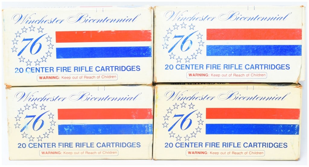 Win Bicentennial 1976 30-30 Silvertip Ammo 80 Rounds: A collection of Winchester Bicentennial 1976 30-30 Silvertip Ammunition. This lot comprises four vintage Winchester Bicentennial-themed cardboard boxes, each containing twenty 30-30 Silvertip center f