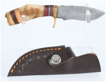Fixed-Blade Knife with Pattern-Welded Steel Blade Mixed Material Handle and Leather Sheath