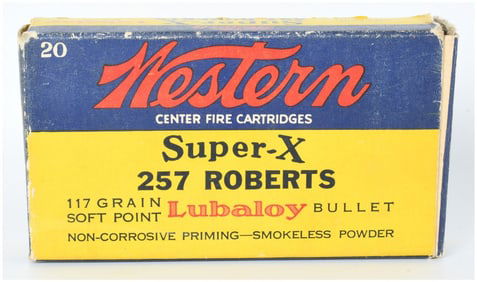 Vintage Western Super-X .257 Roberts Ammo Full Box of 20 Mixed Headstamp Rounds