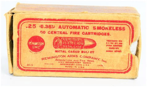 Vintage Rem UMC .25 Automatic Smokeless Central Fire Ammo 36 Rounds