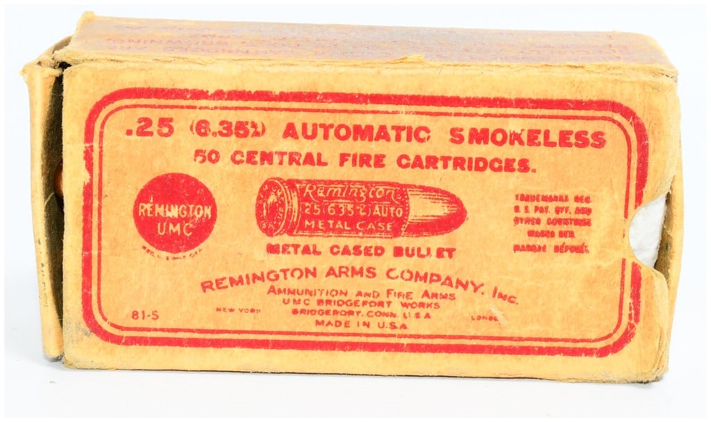 Vintage Rem UMC .25 Automatic Smokeless Central Fire Ammo 36 Rounds: A vintage box of Remington UMC .25 (6.35mm) Automatic Smokeless Central Fire metallic cartridges. This partially open cardboard box contains 36 rounds. The tan-colored box features prominent red print