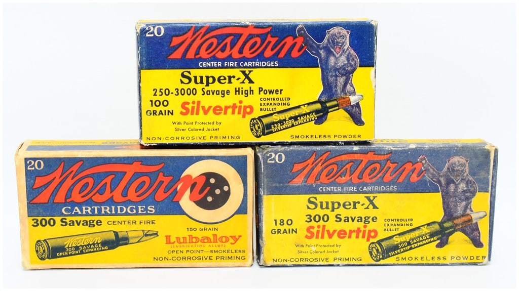 3 Vintage Western Ammo Boxes including Super-X Silvertip 'Bear Box' Examples: This lot comprises three vintage cardboard boxes of "Western" brand center fire cartridges. Two boxes are labeled "Super-X Silvertip," specifying "250-3000 Savage High Power" (100 Grain) and "300 Sava