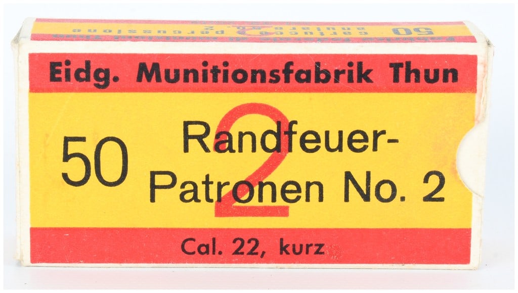 Eidg. Munitionsfabrik Thun .22 Short Rimfire Ammo 46 Live Rounds: A vintage box of Eidg. Munitionsfabrik Thun .22 Short (kurz) rimfire ammunition, containing 46 live rounds. The yellow and red cardboard packaging is printed in German, French, and Italian, identifyin