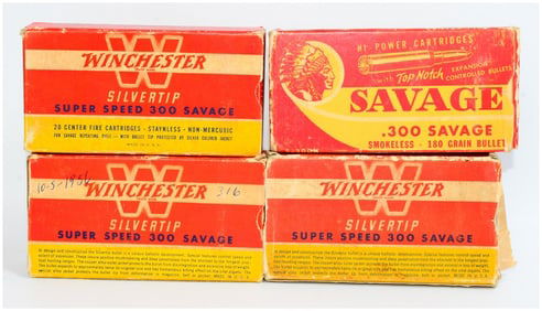 Four Vintage Win Silvertip Super Speed and Savage Hi-Power .300 Savage Ammo Boxes Full