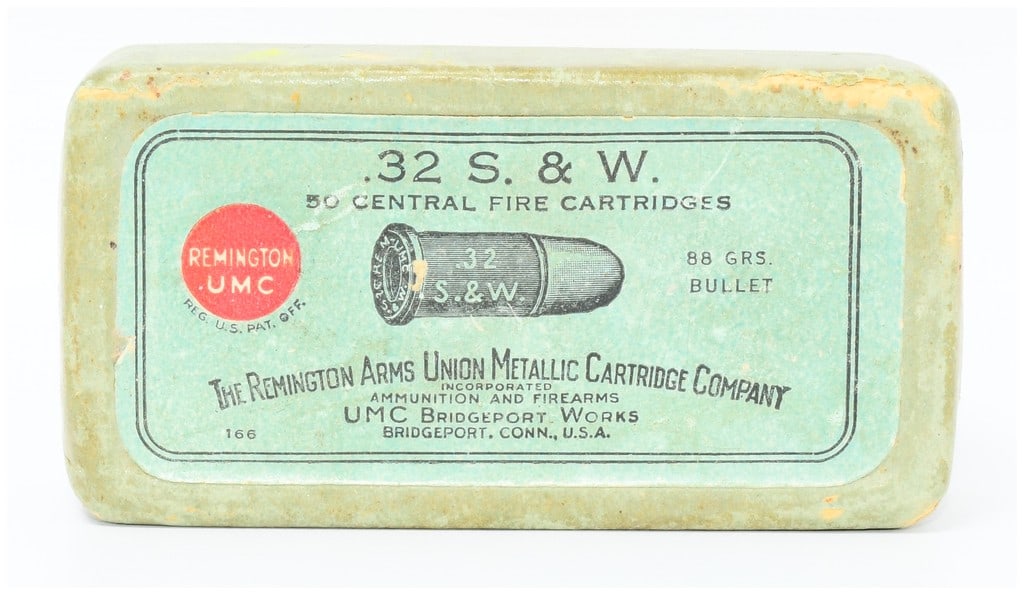 Vintage Rem UMC .32 S. & W. Central Fire Ammo 50 Rounds: A vintage rectangular cardboard box containing 50 .32 S. & W. central fire cartridges, manufactured by The Remington Arms Union Metallic Cartridge Company, UMC Bridgeport Works, Conn., U.S.A. The ligh