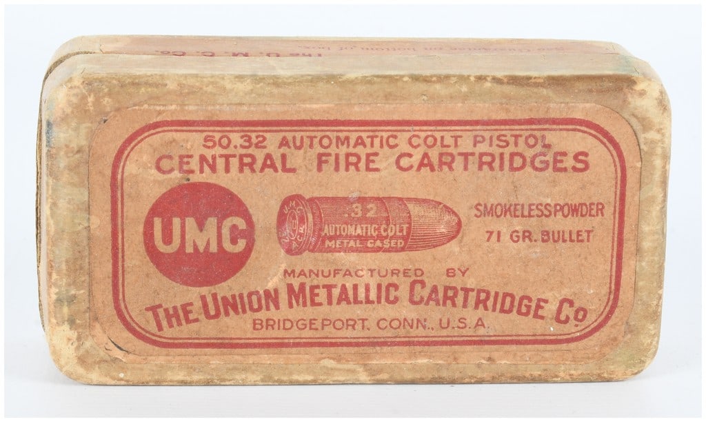 Box of 34 The Union Metallic Ammo Co. (UMC) .32 Automatic Colt Pistol (ACP) Live Rounds: A vintage cardboard box of .32 Automatic Colt Pistol (ACP) central fire cartridges, manufactured by The Union Metallic Cartridge Co. (UMC) of Bridgeport, Conn., U.S.A. The box, printed in red on natur