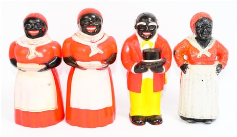 4 1950s Black Americana Aunt Jemima and Uncle Mose Figures including Syrup Dispenser and Shakers
